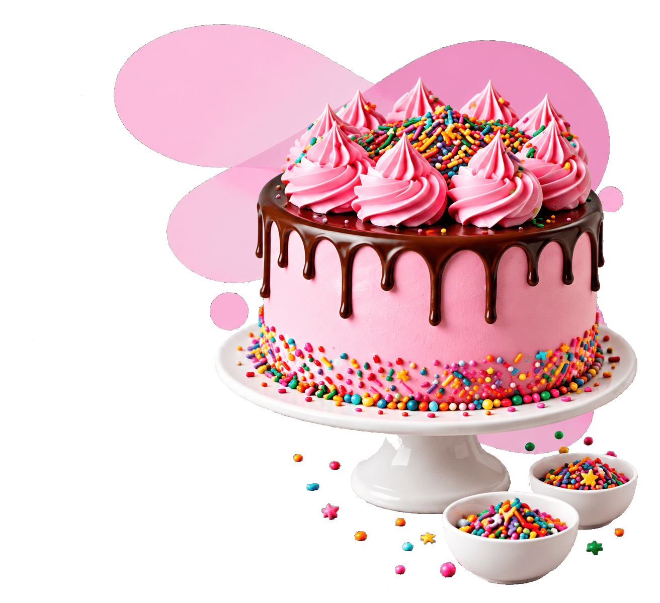 Bolo rosa decorado com granulados coloridos representando os produtos Fab! para confeitaria